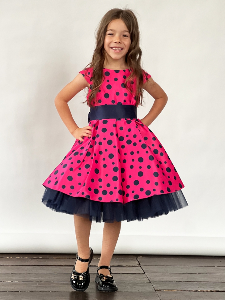 Платье для девочки нарядное БУШОН ST10, стиляги цвет малиновый, темно-синий пояс, принт горошек 