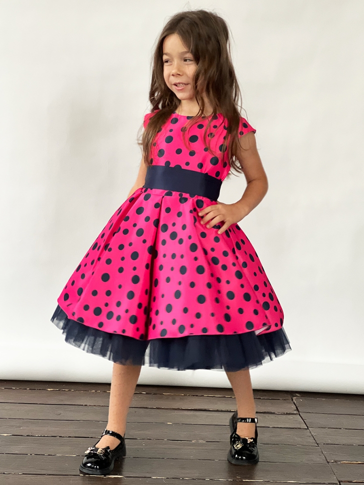 Платье для девочки нарядное БУШОН ST10, стиляги цвет малиновый, темно-синий пояс, принт горошек 