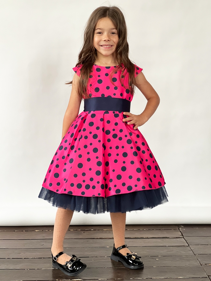 Платье для девочки нарядное БУШОН ST10, стиляги цвет малиновый, темно-синий пояс, принт горошек 