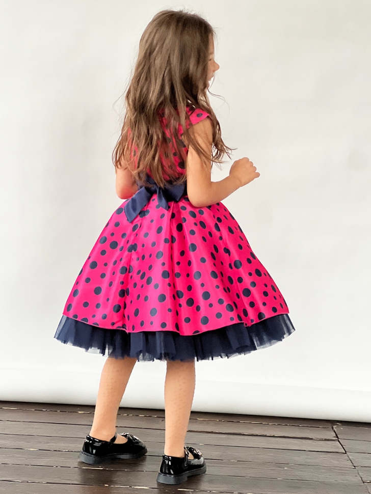 Платье для девочки нарядное БУШОН ST10, стиляги цвет малиновый, темно-синий пояс, принт горошек 