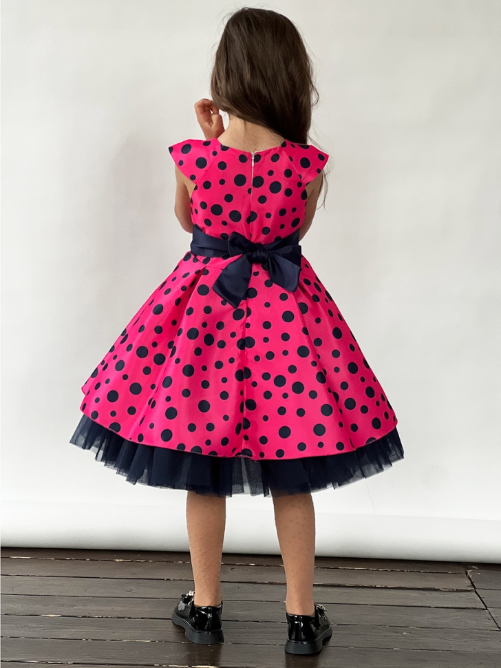 Платье для девочки нарядное БУШОН ST10, стиляги цвет малиновый, темно-синий пояс, принт горошек 