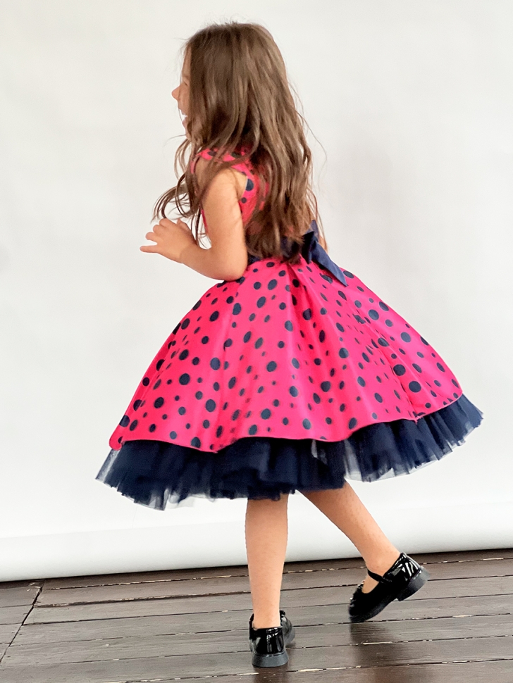 Платье для девочки нарядное БУШОН ST10, стиляги цвет малиновый, темно-синий пояс, принт горошек 