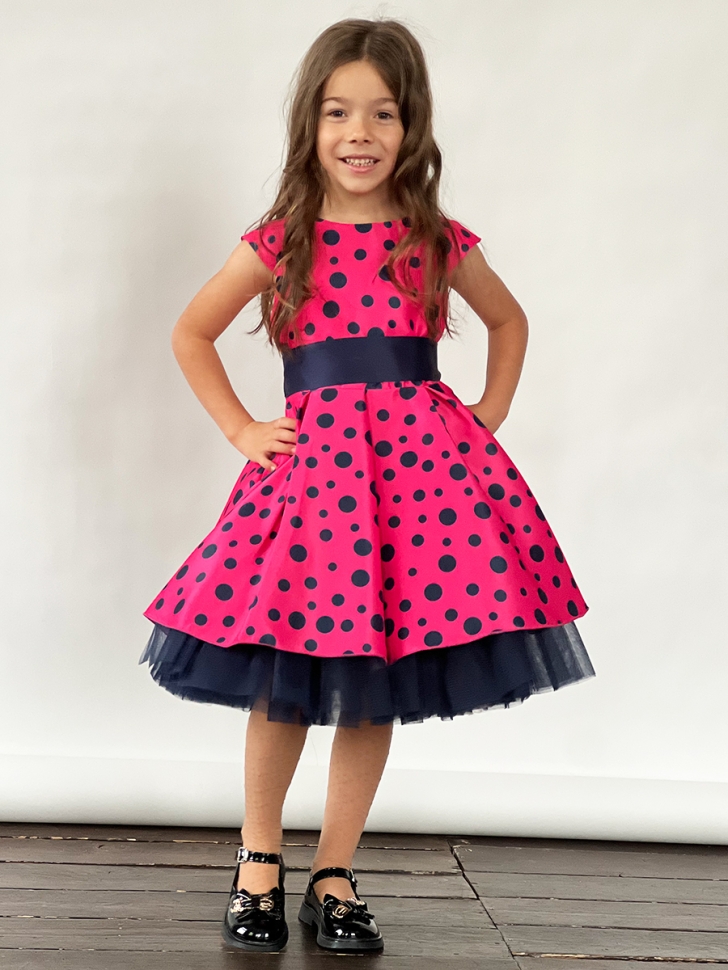 Платье для девочки нарядное БУШОН ST10, стиляги цвет малиновый, темно-синий пояс, принт горошек 