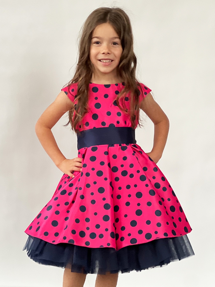 Платье для девочки нарядное БУШОН ST10, стиляги цвет малиновый, темно-синий пояс, принт горошек 