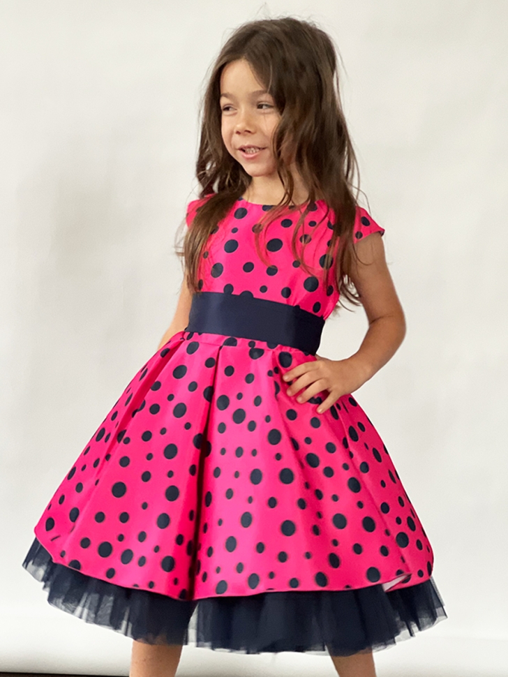 Платье для девочки нарядное БУШОН ST10, стиляги цвет малиновый, темно-синий пояс, принт горошек 