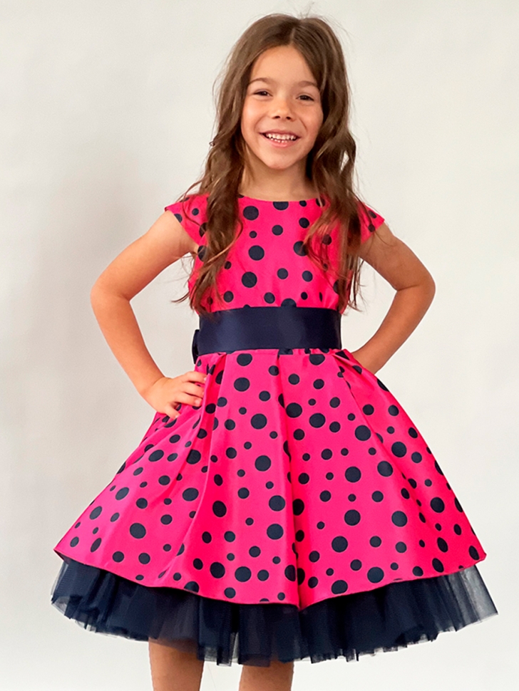 Платье для девочки нарядное БУШОН ST10, стиляги цвет малиновый, темно-синий пояс, принт горошек 