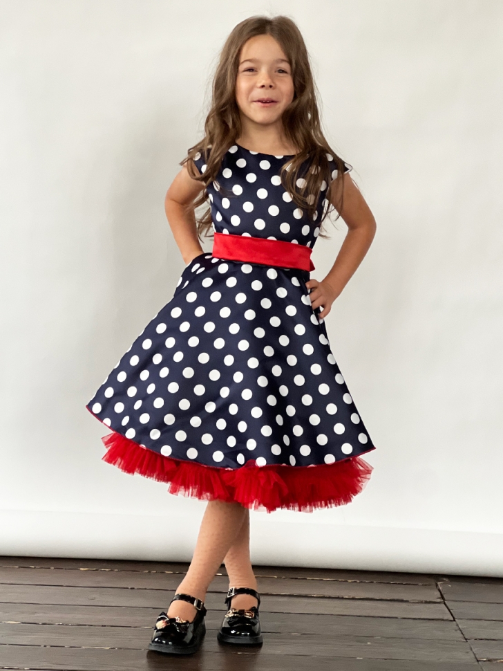 Платье для девочки нарядное БУШОН ST10, стиляги цвет темно-синий, красный пояс, принт горошек 