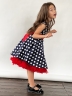 Платье для девочки нарядное БУШОН ST10, стиляги цвет темно-синий, красный пояс, принт горошек 