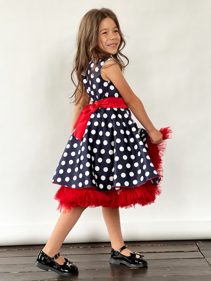 Платье для девочки нарядное БУШОН ST10, стиляги цвет темно-синий, красный пояс, принт горошек 