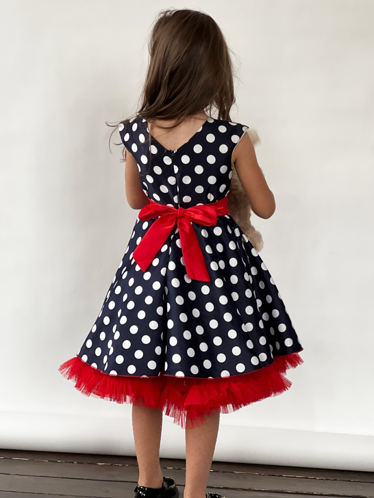 Платье для девочки нарядное БУШОН ST10, стиляги цвет темно-синий, красный пояс, принт горошек 