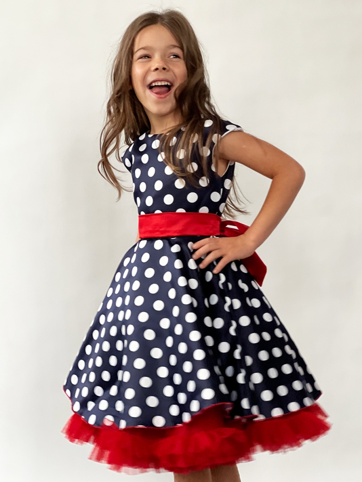 Платье для девочки нарядное БУШОН ST10, стиляги цвет темно-синий, красный пояс, принт горошек 