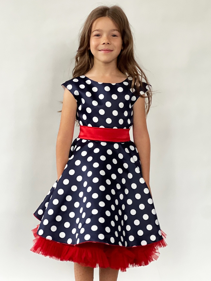 Платье для девочки нарядное БУШОН ST10, стиляги цвет темно-синий, красный пояс, принт горошек 