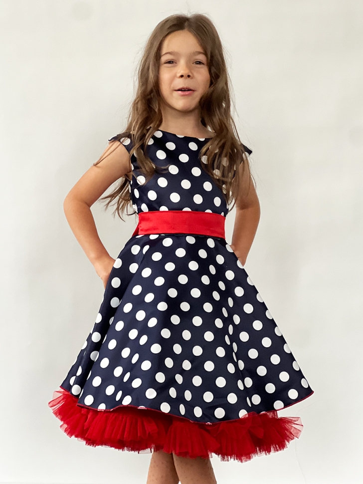 Платье для девочки нарядное БУШОН ST10, стиляги цвет темно-синий, красный пояс, принт горошек 