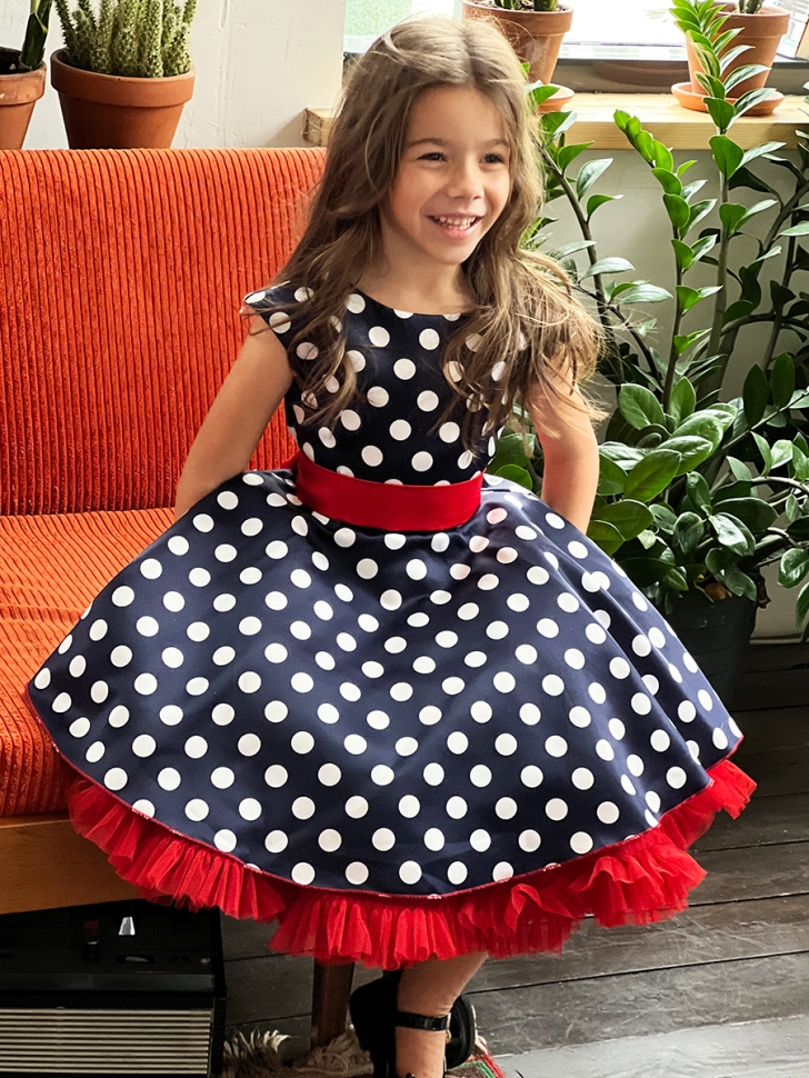 Платье для девочки нарядное БУШОН ST10, стиляги цвет темно-синий, красный пояс, принт горошек 