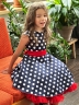Платье для девочки нарядное БУШОН ST10, стиляги цвет темно-синий, красный пояс, принт горошек 