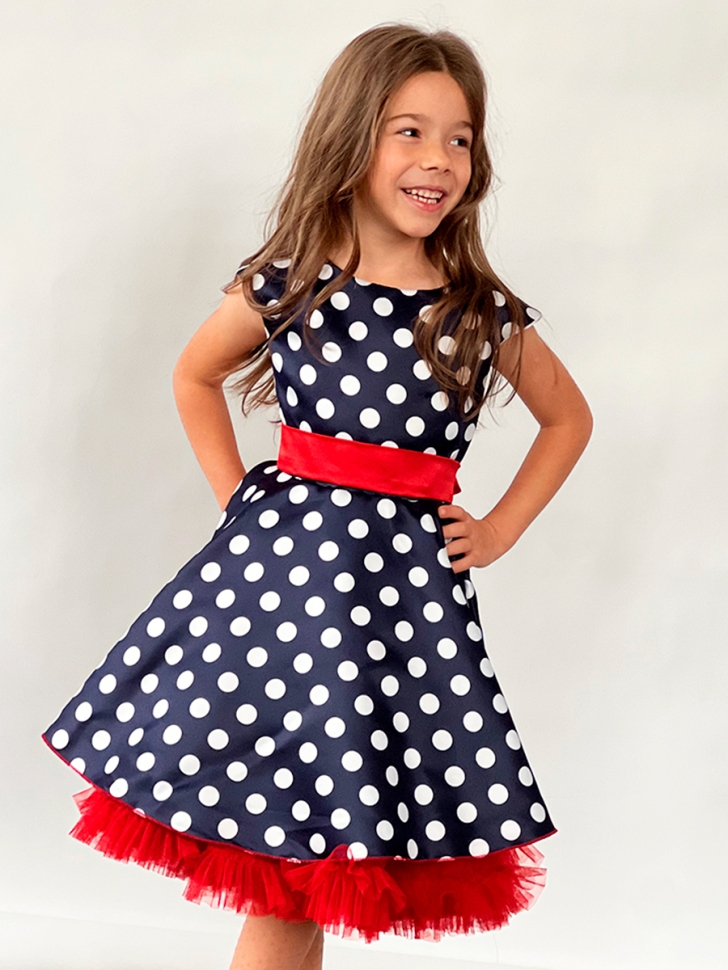 Платье для девочки нарядное БУШОН ST10, стиляги цвет темно-синий, красный пояс, принт горошек 