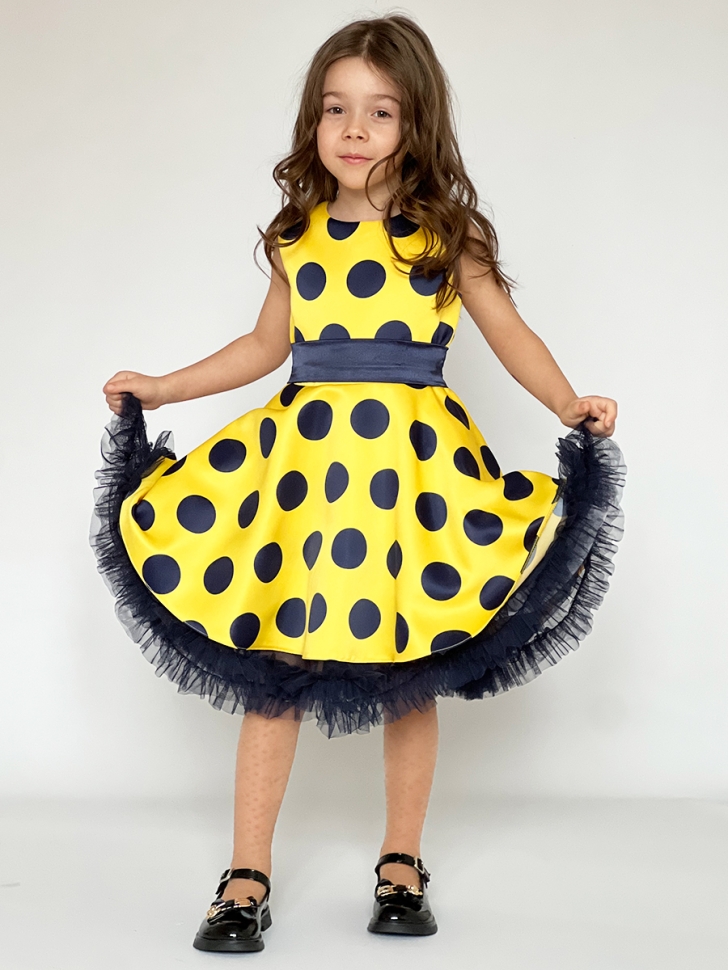 Платье для девочки нарядное БУШОН ST20, стиляги цвет желтый, синий пояс, принт синий горох 