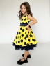 Платье для девочки нарядное БУШОН ST20, стиляги цвет желтый, синий пояс, принт синий горох 