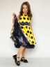 Платье для девочки нарядное БУШОН ST20, стиляги цвет желтый, синий пояс, принт синий горох 