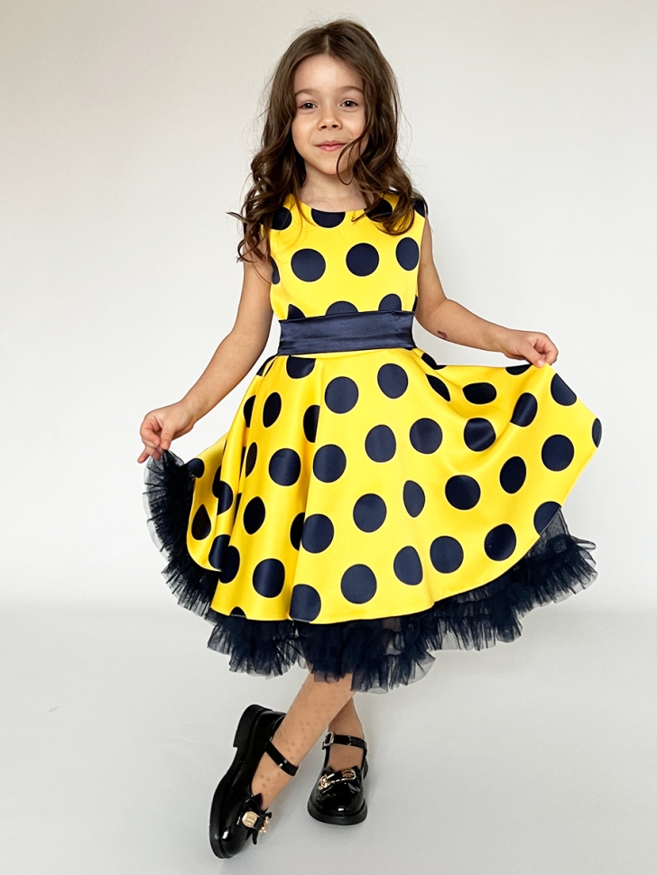 Платье для девочки нарядное БУШОН ST20, стиляги цвет желтый, синий пояс, принт синий горох 