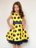 Платье для девочки нарядное БУШОН ST20, стиляги цвет желтый, синий пояс, принт синий горох 
