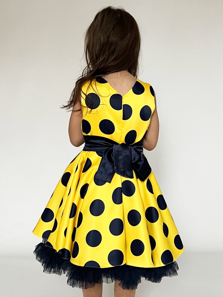 Платье для девочки нарядное БУШОН ST20, стиляги цвет желтый, синий пояс, принт синий горох 