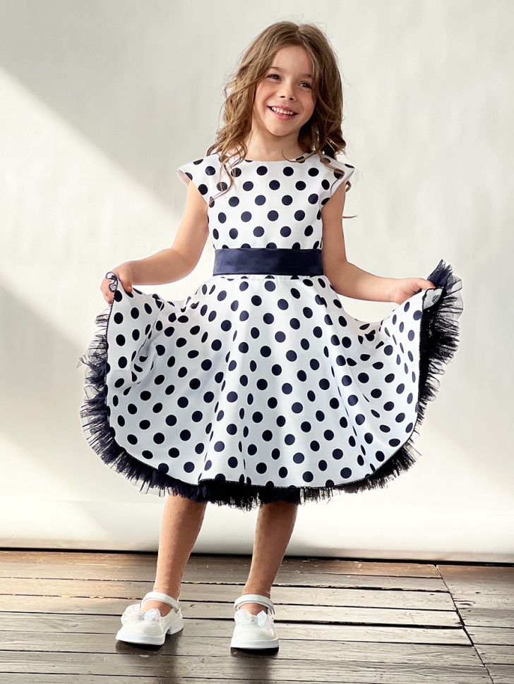 Платье для девочки нарядное БУШОН ST10, стиляги цвет белый, темно-синий пояс, принт темно-синий горошек 