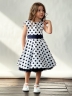 Платье для девочки нарядное БУШОН ST10, стиляги цвет белый, темно-синий пояс, принт темно-синий горошек 