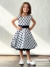 Платье для девочки нарядное БУШОН ST10, стиляги цвет белый, темно-синий пояс, принт темно-синий горошек 