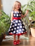 Платье для девочки нарядное БУШОН ST20, стиляги цвет темно-синий, красный пояс, принт белый горох 