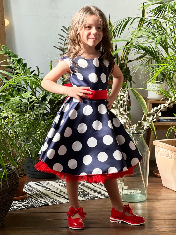 Платье для девочки нарядное БУШОН ST20, стиляги цвет темно-синий, красный пояс, принт белый горох 