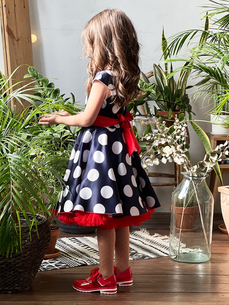 Платье для девочки нарядное БУШОН ST20, стиляги цвет темно-синий, красный пояс, принт белый горох 