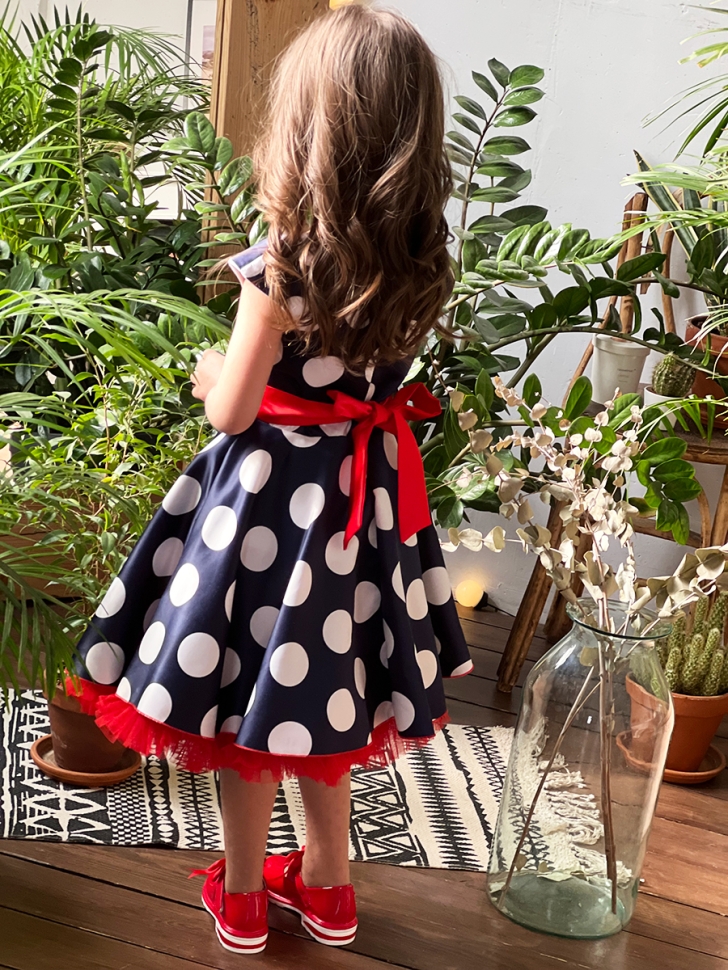 Платье для девочки нарядное БУШОН ST20, стиляги цвет темно-синий, красный пояс, принт белый горох 