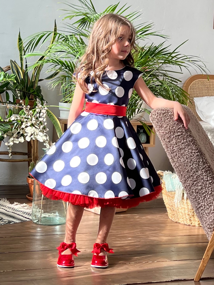 Платье для девочки нарядное БУШОН ST20, стиляги цвет темно-синий, красный пояс, принт белый горох 