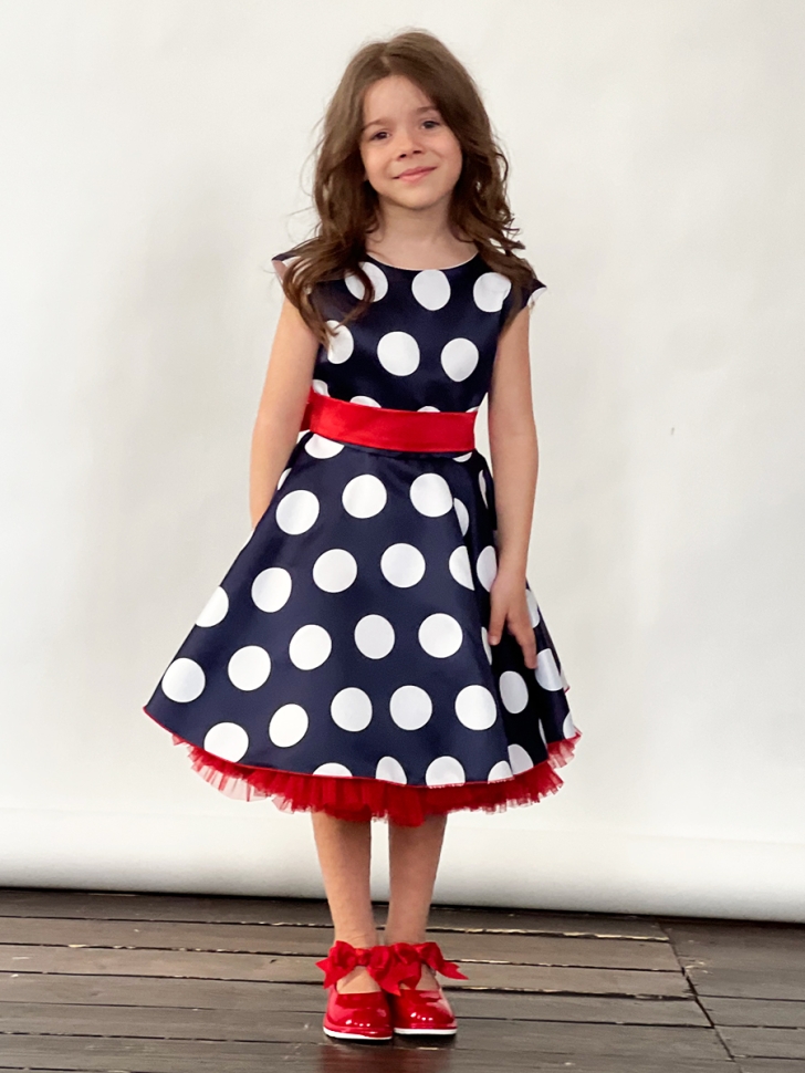 Платье для девочки нарядное БУШОН ST20, стиляги цвет темно-синий, красный пояс, принт белый горох 