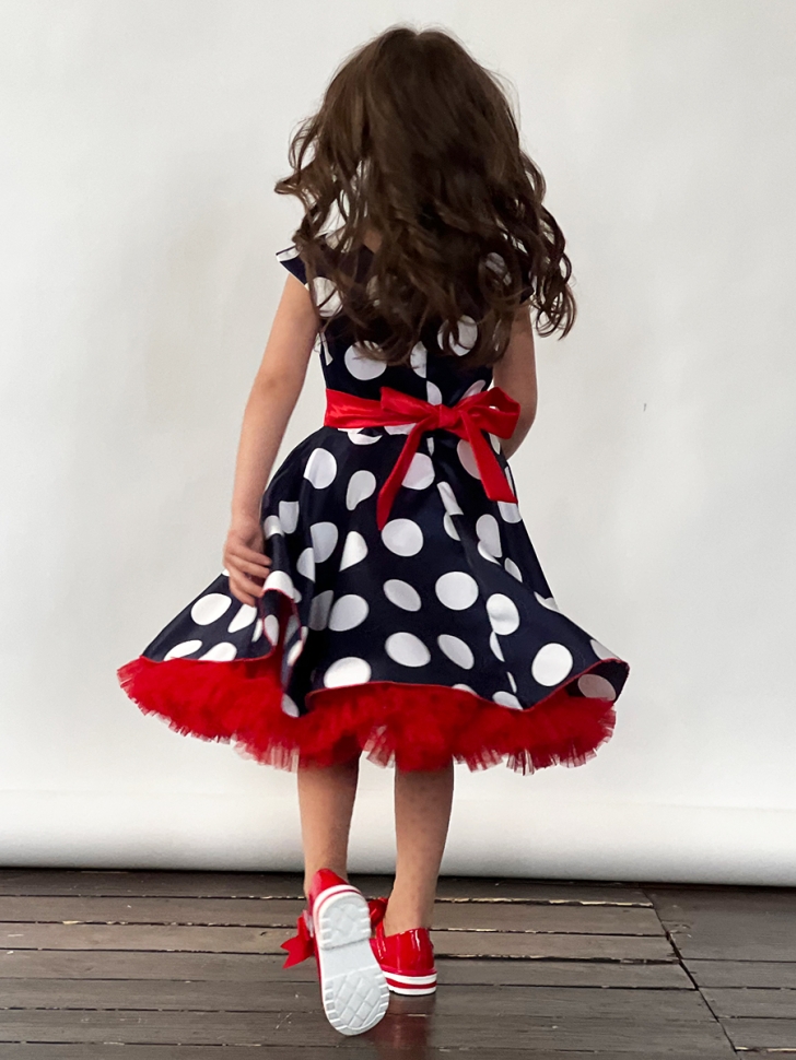 Платье для девочки нарядное БУШОН ST20, стиляги цвет темно-синий, красный пояс, принт белый горох 