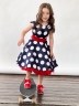 Платье для девочки нарядное БУШОН ST20, стиляги цвет темно-синий, красный пояс, принт белый горох 