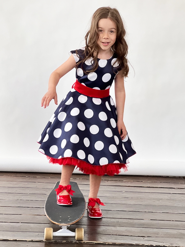 Платье для девочки нарядное БУШОН ST20, стиляги цвет темно-синий, красный пояс, принт белый горох 