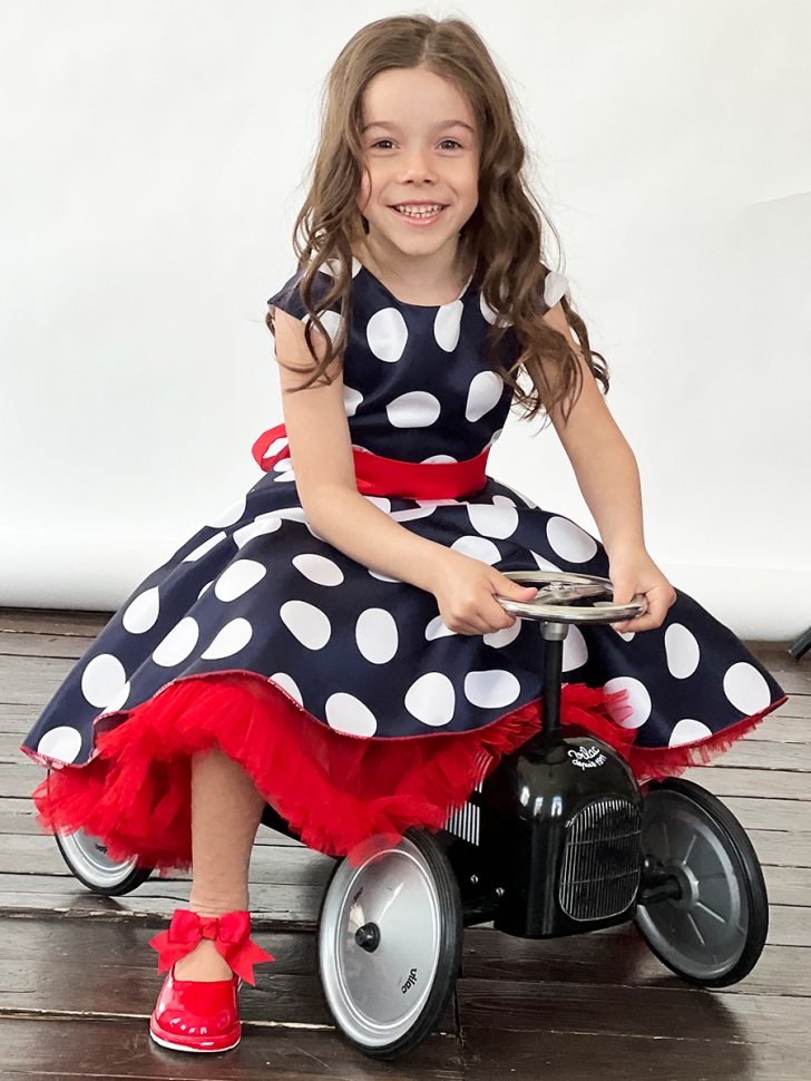 Платье для девочки нарядное БУШОН ST20, стиляги цвет темно-синий, красный пояс, принт белый горох 