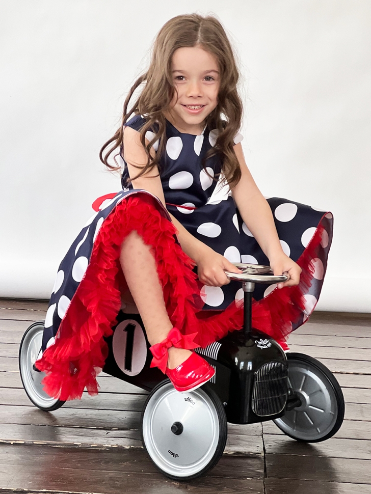 Платье для девочки нарядное БУШОН ST20, стиляги цвет темно-синий, красный пояс, принт белый горох 