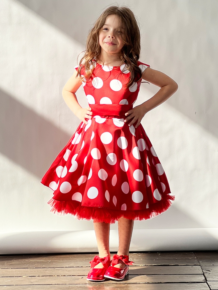 Платье для девочки нарядное БУШОН ST20, стиляги цвет красный, красный пояс, принт белый горох 