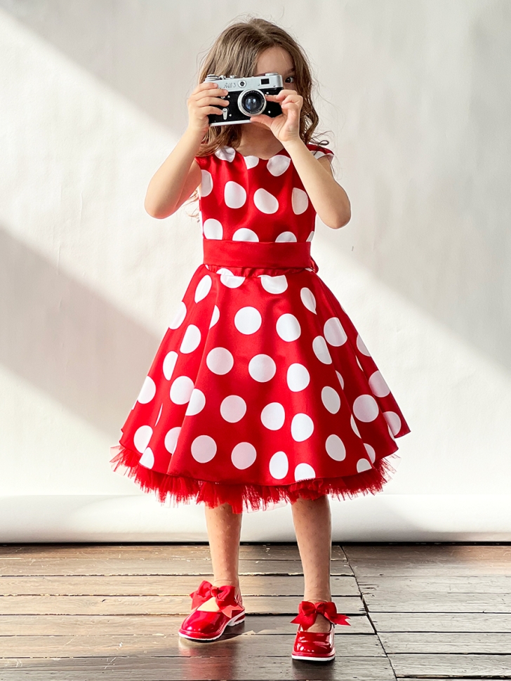 Платье для девочки нарядное БУШОН ST20, стиляги цвет красный, красный пояс, принт белый горох 