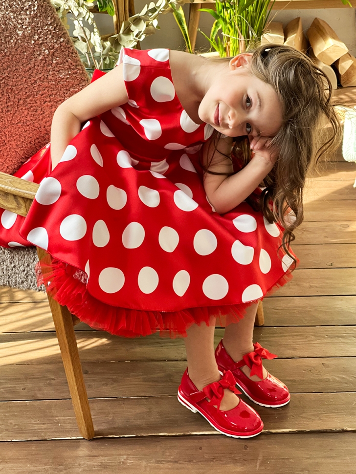 Платье для девочки нарядное БУШОН ST20, стиляги цвет красный, красный пояс, принт белый горох 