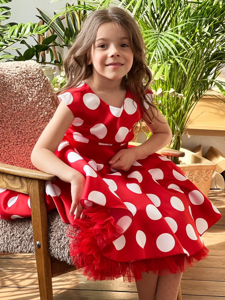 Платье для девочки нарядное БУШОН ST20, стиляги цвет красный, красный пояс, принт белый горох 