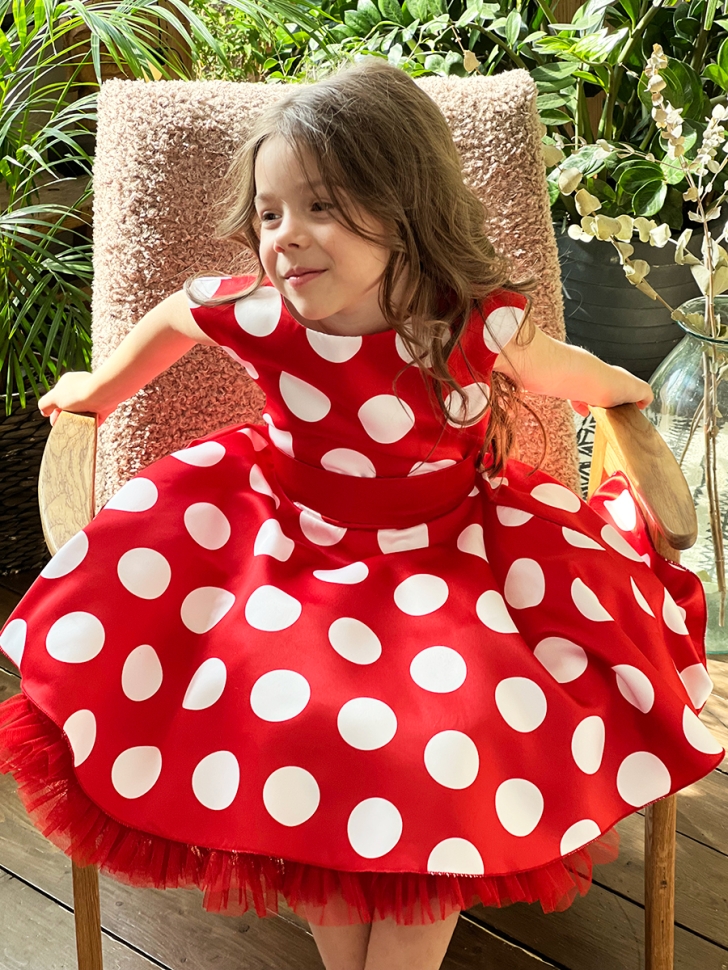 Платье для девочки нарядное БУШОН ST20, стиляги цвет красный, красный пояс, принт белый горох 