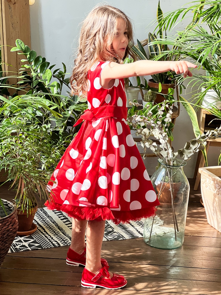 Платье для девочки нарядное БУШОН ST20, стиляги цвет красный, красный пояс, принт белый горох 