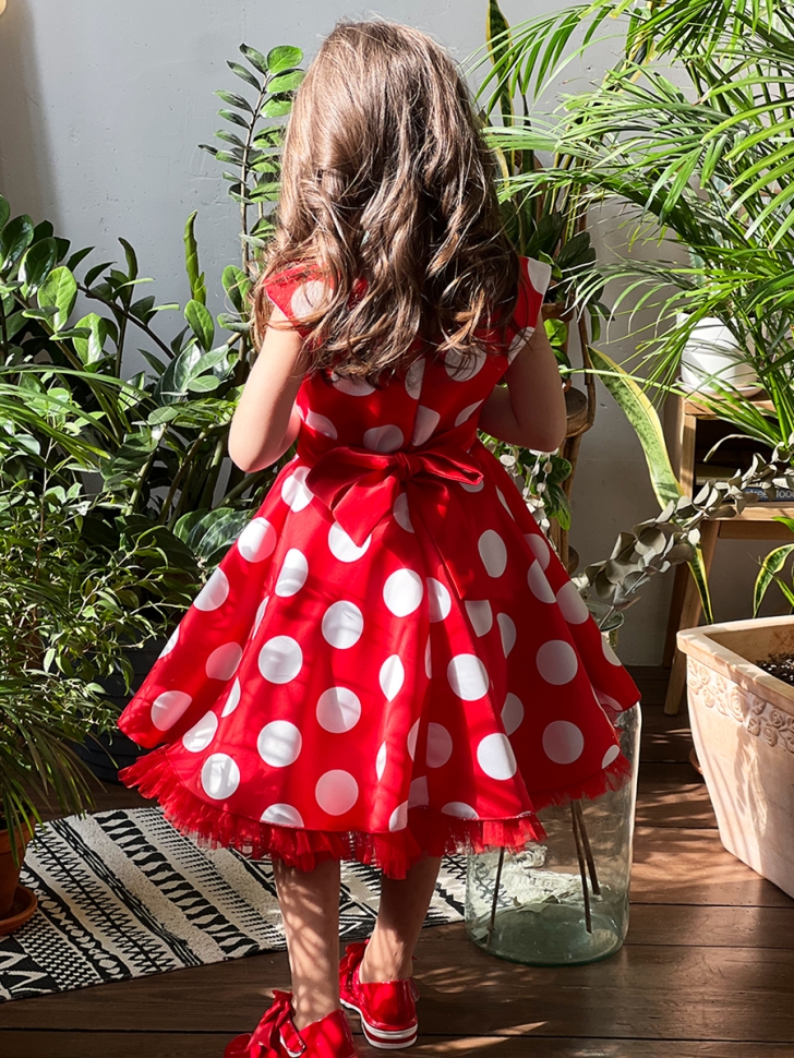 Платье для девочки нарядное БУШОН ST20, стиляги цвет красный, красный пояс, принт белый горох 