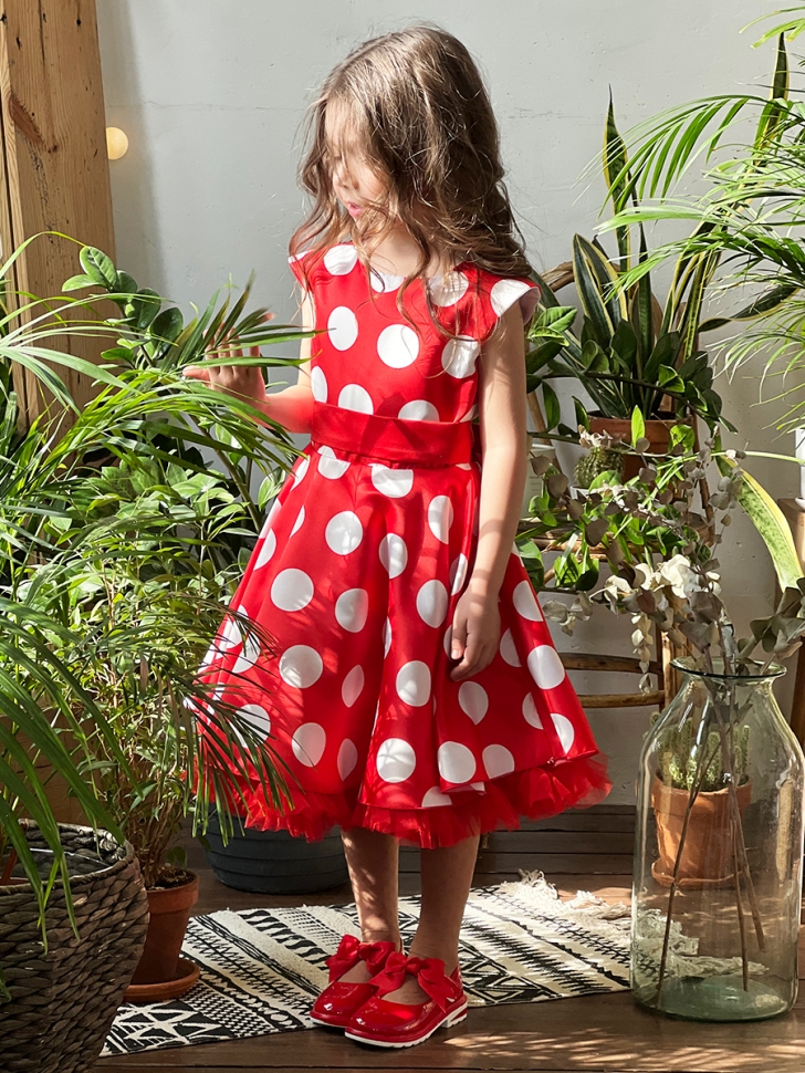 Платье для девочки нарядное БУШОН ST20, стиляги цвет красный, красный пояс, принт белый горох 