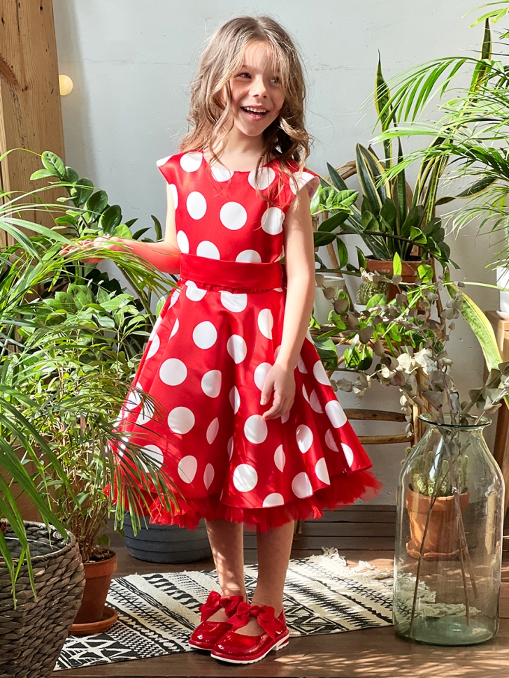 Платье для девочки нарядное БУШОН ST20, стиляги цвет красный, красный пояс, принт белый горох 