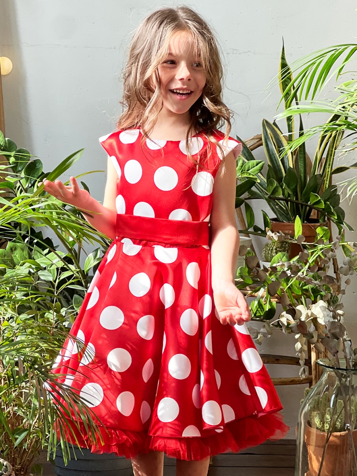 Платье для девочки нарядное БУШОН ST20, стиляги цвет красный, красный пояс, принт белый горох 